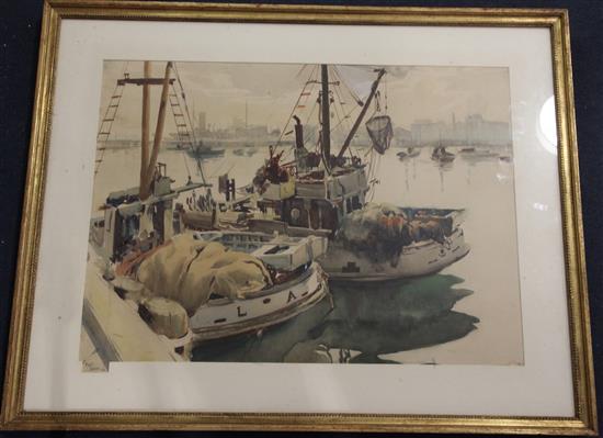 Paul Julian Hull (American 1914-1985) Fishing boats in Los Angeles harbour 18 x 24.5in.